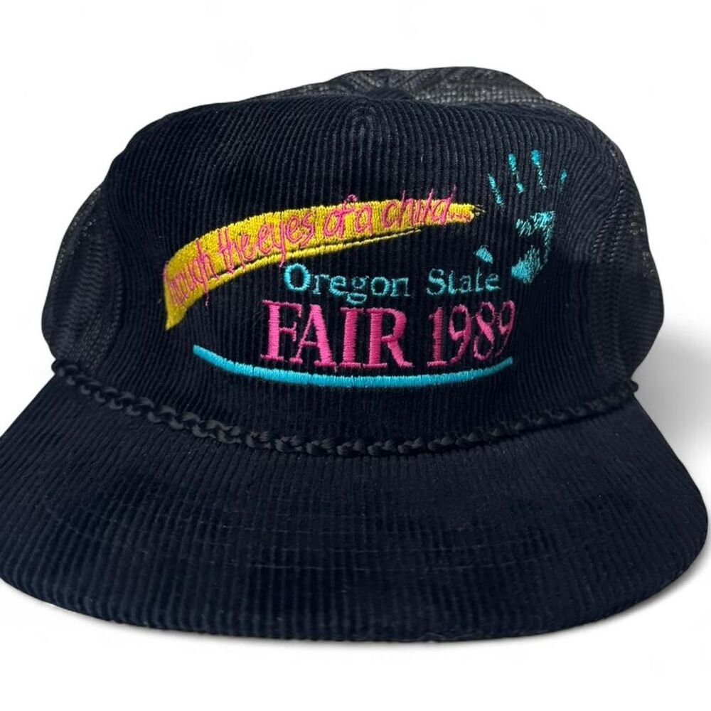 Vintage 1989‎ Oregon State Fair black corduroy snapback hat cap